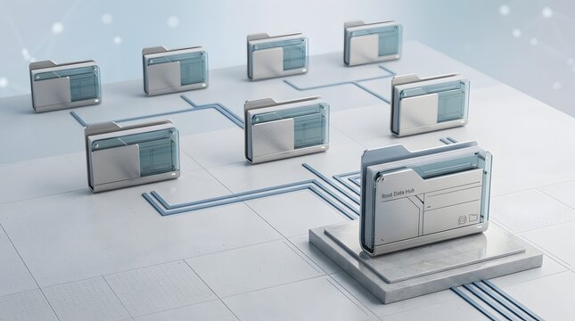 Modern digital folders forming a root data hub network, illustrating secure cloud storage, centralized information management, and efficient data architecture.