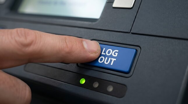 A finger pressing a blue logout button on a dark office machine with a green indicator light and a small digital screen for user authentication