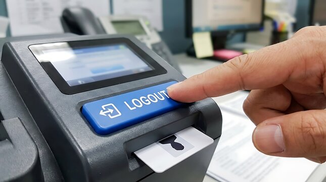 A finger pushing a blue logout button on a multifunction office device with an id card inserted and a digital screen displaying system status