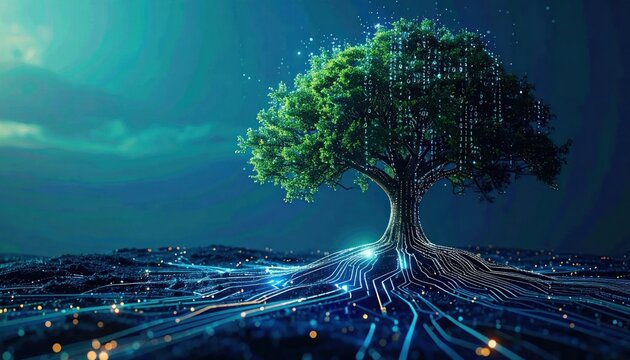 Digital tree with glowing connections.