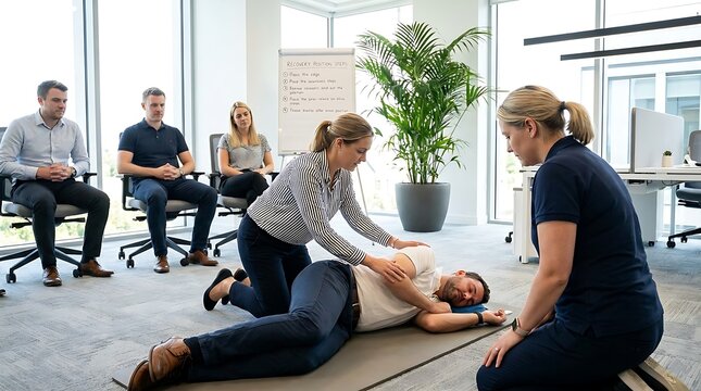 A female instructor demonstrates the recovery position on a male colleague during a first aid training session in a bright corporate office room