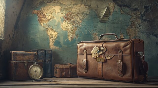 Vintage travel suitcase and antique map in rustic setting