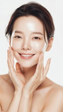 Smiling woman portrait with clean skin, female face and beauty skincare, hands on face, natural makeup, healthy complexion on white background