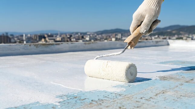 A close-up view of a hand in a white glove using a paint roller to apply a thick white waterproof sealant onto a flat roof under a blue sky