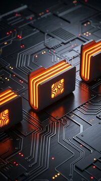 A conceptual 3d render of glowing orange digital folders arranged on a dark metallic circuit board background, with intricate data pathways