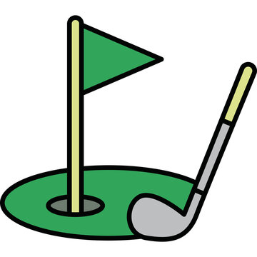 Clean flat vector graphic depicting a golf club, green putting area, and flag in a hole. Features bold outlines, green and yellow accents, and simple centered composition.