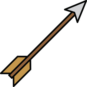 Minimalist vector illustration of a traditional wooden archery arrow with silver arrowhead and yellow fletching pointing diagonally upward on black background.