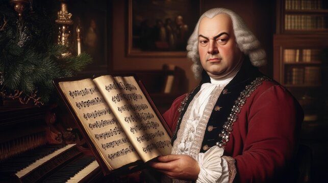 Elderly caucasian male composer in traditional attire holding sheet music