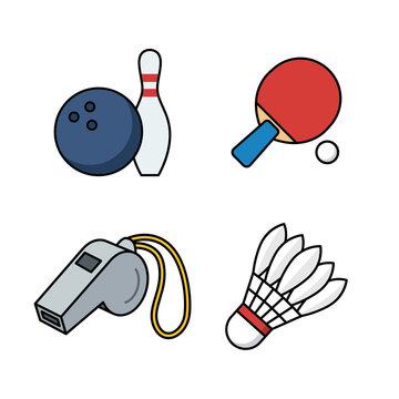 A clean vector set featuring bowling equipment, table tennis racket, referee whistle, and badminton shuttlecock in bright colors isolated on a plain white background.
