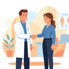 Fototapeta premium Doctor and Patient Shaking Hands in Modern Clinic, Vector Illustration
