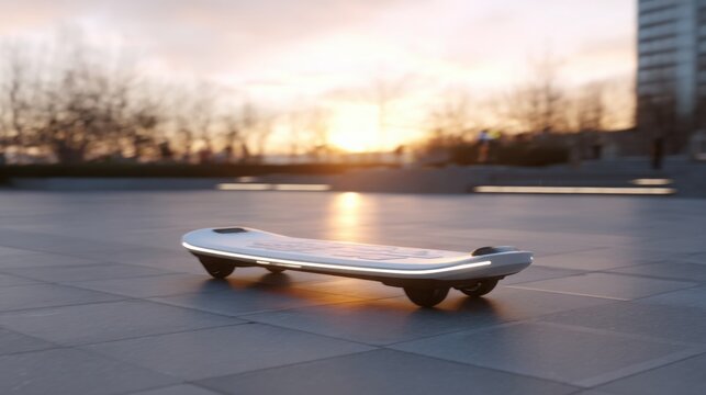 Sleek white personal electric levitation board hovering two inches above a glowing minimalist pavement surface, rider free design clearly visible
