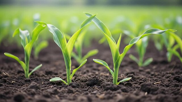 Young green corn seedlings growing in a fertile field during daytime