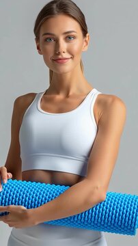 Young woman holding blue massage roller, fitness wellness portrait on gray background with calm smile and white sportswear