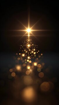 Christmas tree gold light abstract bokeh glow festive holiday scene with starburst sparkle dark background, warm glowing tree and festive night