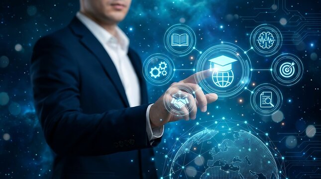 A businessman in a suit interacts with a glowing blue digital interface featuring for education, brain, target, and handshake in the air