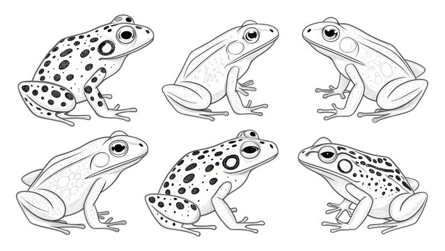 Collection of six distinct hand drawn frog illustrations in black and white line art style