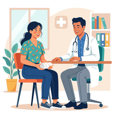 Fototapeta premium Doctor examining a patient with a bandaged arm in a modern clinic, flat vector illustration