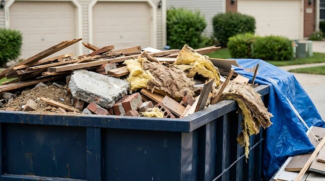 A blue metal dumpster filled with construction debris including wooden planks, bricks, concrete, and yellow insulation in a residential driveway