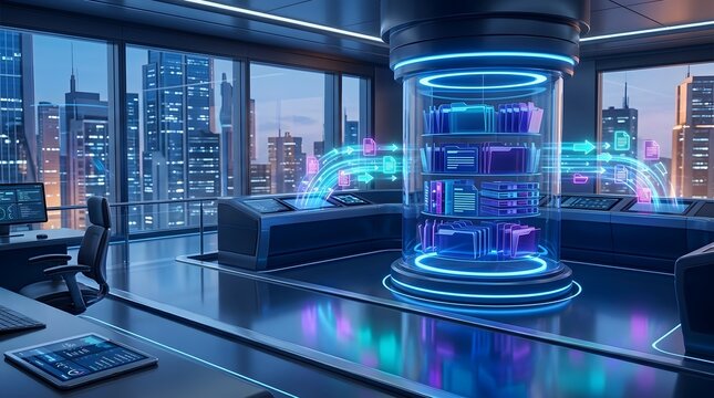 Innovative data management system and cloud computing infrastructure in a futuristic office overlooking a modern cityscape, symbolizing technological progress.