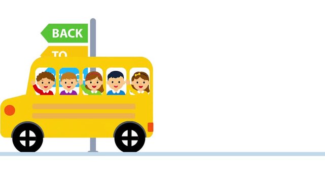 Back to School Animation with Children Waiting for Yellow School Bus, Education Transportation Motion Graphic