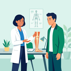 Fototapeta premium Doctor Explaining Leg Anatomy and Treatment to Patient in Medical Office - Flat Vector Illustration
