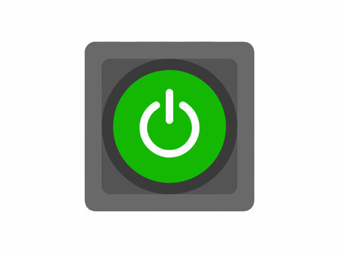 Green power button icon on dark background, isolated computer power on off switch symbol