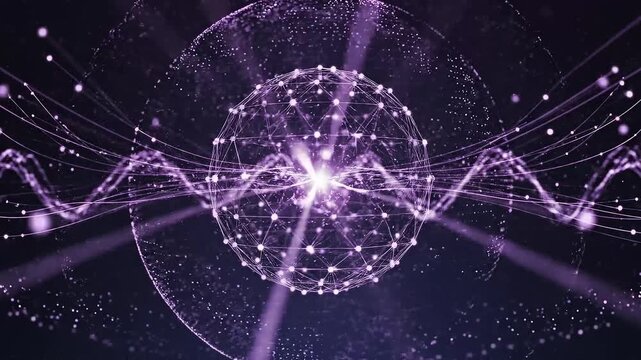 Abstract Digital Neural Network Sphere with Glowing Particles and Energy Waves, AI Technology Background