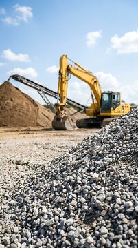 Yellow excavator and conveyor belt working at a construction site with a large pile of gravel and crushed stones in the foreground under sky