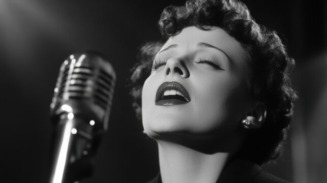 Female singer performing with vintage microphone in dramatic lighting