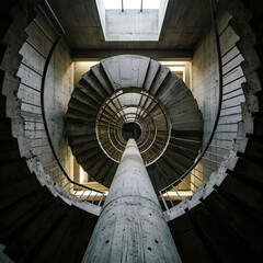 Fototapeta premium Brutalist Concrete Spiral Staircase Looking Straight Up, Hypnotic Geometric Pattern, Raw Architecture Detail