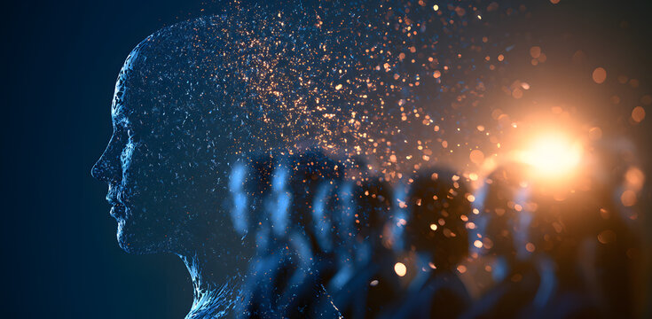 Digital transformation in business represents a human staff transitioning to an AI workforce through innovative technology and smart solutions. Liminal.