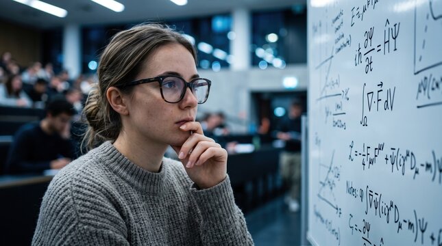 Focused female student analyzing complex physics equations on a whiteboard in a university lecture hall