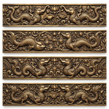 Traditional carved architectural borders with animal figures, floral scrollwork, foliage, and intricate botanical relief