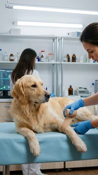 Veterinarian in blue gloves applying a beige bandage to the leg of a golden retriever dog resting on a blue examination table in a clinic