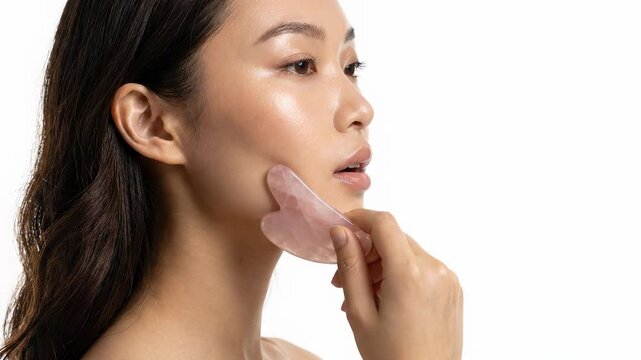 Glowing Skin Rejuvenation Young Asian woman enjoys facial massage with rose quartz gua sha tool, promoting wellness and beauty treatment for ultimate self care and spa relaxation with face roller