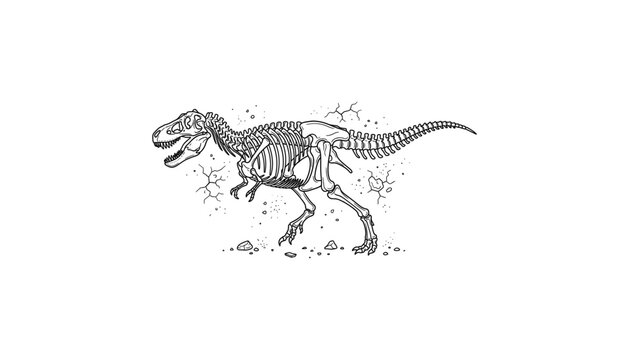 Tyrannosaurus Rex Skeleton Fossil Vector Illustration with Line Art Dinosaur Bones and Rocks Isolated on White Background.