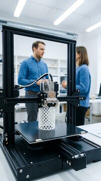 Two people standing in a bright office discussing a3d printer that is creating a white lattice structure on a flat build plate surface