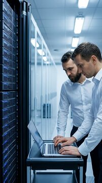 Two it technicians working on a laptop in a server room with rows of black server racks in a modern data center facility for cloud storage