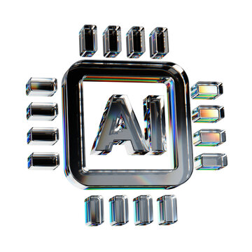 3d glass ai chip icon with dispersion effect, 3d render, transparent background.