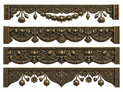 Traditional decorative borders with hanging bells, scalloped floral swags, and carved botanical ornament