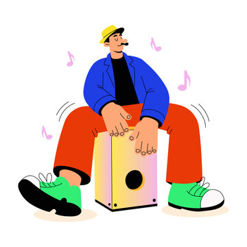 Seated percussionist tapping a wooden cajon box between the legs.