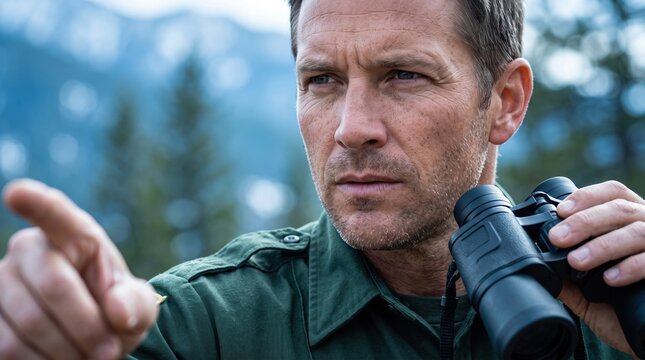 A dedicated park ranger observing wildlife in the mountains for World Animal Day