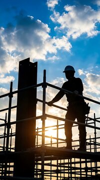 Silhouette of a construction worker in a hard hat standing on metal scaffolding against a bright sunset sky with clouds at a building site