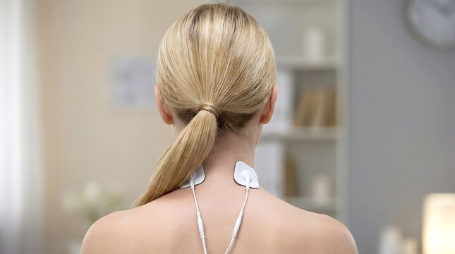 Rear view of a woman with blonde hair receiving electrical muscle stimulation therapy with electrodes attached to her neck for pain relief treatment