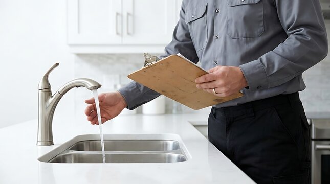 Plumber in a gray uniform holding a wooden clipboard while checking the water flow from a stainless steel kitchen faucet into a double sink