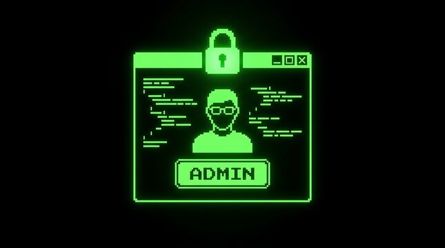 Pixel style computer screen showing an admin login interface with a padlock and green glowing code lines on a black background