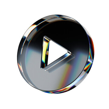 3d glass play circle button icon with dispersion effect, 3d render, transparent background.