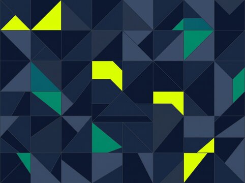 Abstract geometric pattern with dark blue triangles and vibrant neon accents