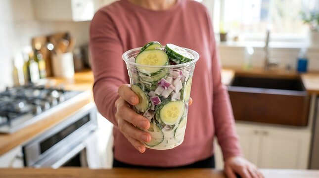 Person wearing a pink long sleeve shirt holding a clear plastic cup filled with a fresh cucumber salad with red onions in a bright kitchen
