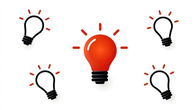 Creative concept with one red glowing light bulb and four outlined bulbs for innovation business problem solving thinking process